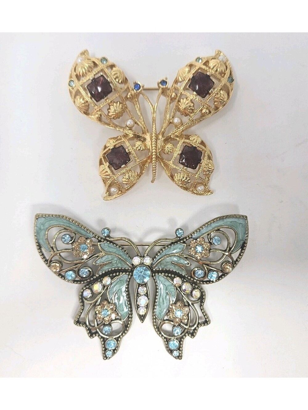 Lot Of 2 Vintage Avon Butterfly Brooches Enamel Rhinestones Faux Pearls 90s Y2K